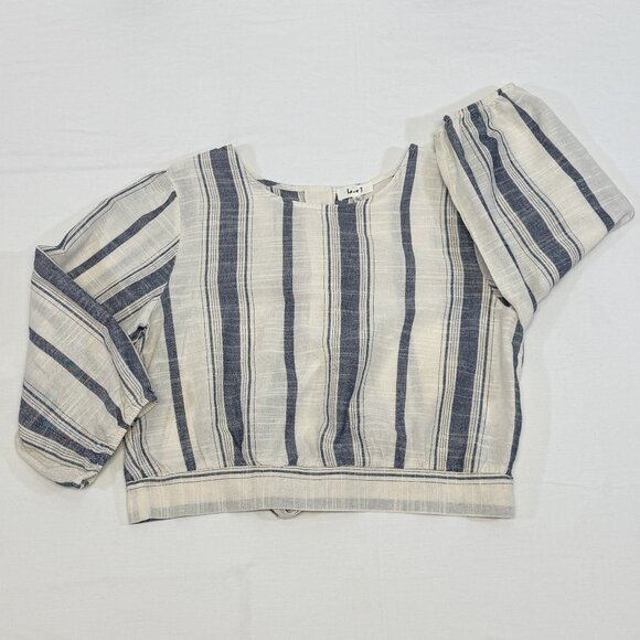 Love J Blue White Striped Crop Top L ¾ Sleeve Button Back Tie Nautical Chic Cool - Picture 7 of 12